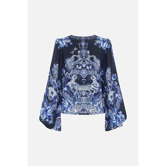 Camilla silk V-Neck Blouson Sleeve Blouse Delft Dynasty Large - Picture 1 of 12